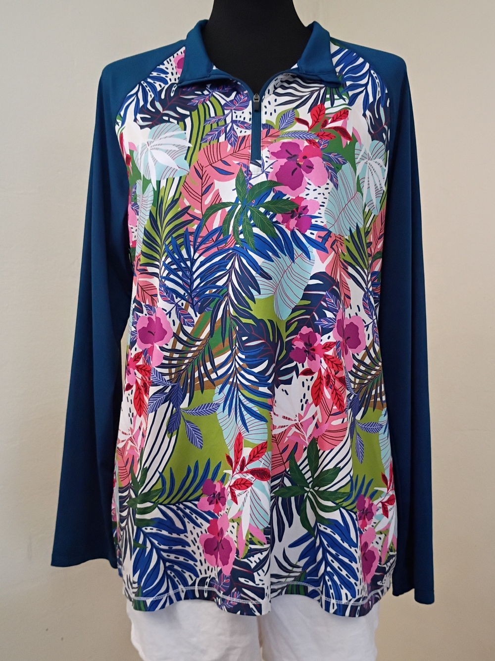 Reel Legends Navy and Multicolor Tropical Zip Pullover